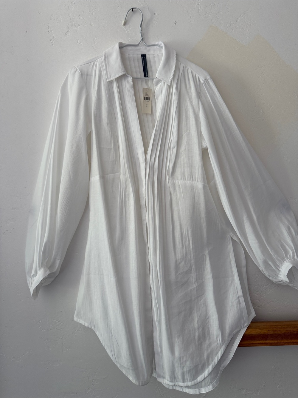 Anthropologie White Lightweight Pleated Longline Tunic Shirt Jacket